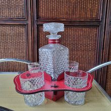 Load image into Gallery viewer, 5 PIECE VERMONT CUT GLASS DECANTER WHISKEY SET WITH LEATHER HOLDER