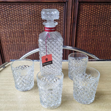 Load image into Gallery viewer, 5 PIECE VERMONT CUT GLASS DECANTER WHISKEY SET WITH LEATHER HOLDER