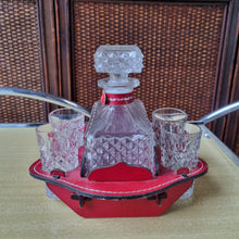 Load image into Gallery viewer, 5 PIECE VERMONT CUT GLASS DECANTER SHERRY SET WITH LEATHER HOLDER