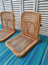 Load image into Gallery viewer, PAIR OF VINTAGE FOLDING CANE & RATTAN BEACH CHAIRS