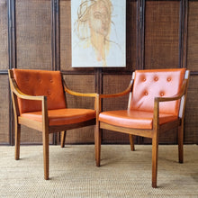 Load image into Gallery viewer, 2 VINTAGE BLACKWOOD AND AMBER VINYL ARMCHAIRS BY BENDIX. PRICE IS EACH.