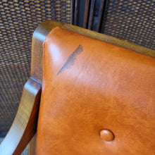 Load image into Gallery viewer, 2 VINTAGE BLACKWOOD AND AMBER VINYL ARMCHAIRS BY BENDIX. PRICE IS EACH.