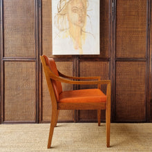 Load image into Gallery viewer, 2 VINTAGE BLACKWOOD AND AMBER VINYL ARMCHAIRS BY BENDIX. PRICE IS EACH.