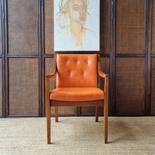 Load image into Gallery viewer, 2 VINTAGE BLACKWOOD AND AMBER VINYL ARMCHAIRS BY BENDIX. PRICE IS EACH.