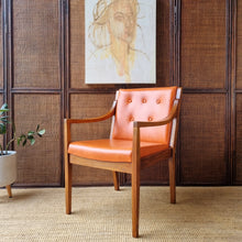 Load image into Gallery viewer, 2 VINTAGE BLACKWOOD AND AMBER VINYL ARMCHAIRS BY BENDIX. PRICE IS EACH.