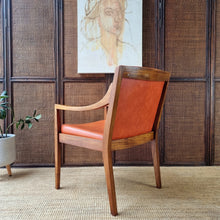 Load image into Gallery viewer, 2 VINTAGE BLACKWOOD AND AMBER VINYL ARMCHAIRS BY BENDIX. PRICE IS EACH.