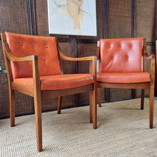 Load image into Gallery viewer, 2 VINTAGE BLACKWOOD AND AMBER VINYL ARMCHAIRS BY BENDIX. PRICE IS EACH.