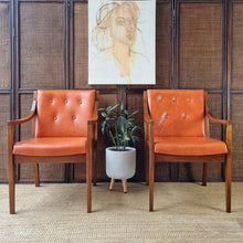 Load image into Gallery viewer, 2 VINTAGE BLACKWOOD AND AMBER VINYL ARMCHAIRS BY BENDIX. PRICE IS EACH.