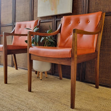 Load image into Gallery viewer, 2 VINTAGE BLACKWOOD AND AMBER VINYL ARMCHAIRS BY BENDIX. PRICE IS EACH.