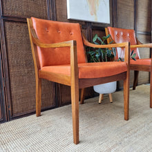 Load image into Gallery viewer, 2 VINTAGE BLACKWOOD AND AMBER VINYL ARMCHAIRS BY BENDIX. PRICE IS EACH.