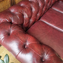 Load image into Gallery viewer, 3 SEATER BURGUNDY LEATHER CHESTERFIELD SOFA
