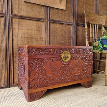 Load image into Gallery viewer, VINTAGE CARVED TEAK TRUNK BLANKET BOX CHEST