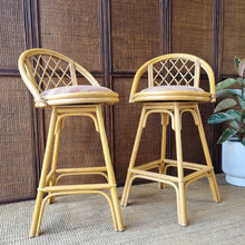 Load image into Gallery viewer, PAIR OF VINTAGE CANE SWIVEL KITCHEN STOOLS