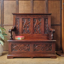Load image into Gallery viewer, ANTIQUE ENGLISH CARVED OAK SETTLE HALL SEAT WITH STORAGE
