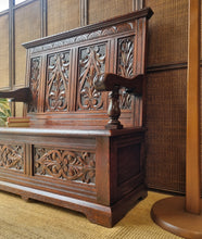 Load image into Gallery viewer, ANTIQUE ENGLISH CARVED OAK SETTLE HALL SEAT WITH STORAGE