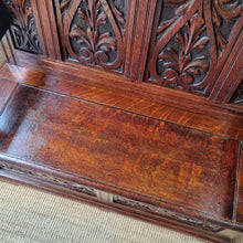 Load image into Gallery viewer, ANTIQUE ENGLISH CARVED OAK SETTLE HALL SEAT WITH STORAGE