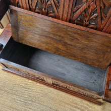 Load image into Gallery viewer, ANTIQUE ENGLISH CARVED OAK SETTLE HALL SEAT WITH STORAGE