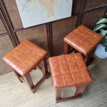 Load image into Gallery viewer, SET OF 3 VINTAGE CHUNKY PINE & VINYL KITCHEN COUNTER STOOLS