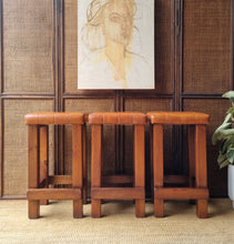 Load image into Gallery viewer, SET OF 3 VINTAGE CHUNKY PINE & VINYL KITCHEN COUNTER STOOLS