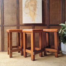 Load image into Gallery viewer, SET OF 3 VINTAGE CHUNKY PINE & VINYL KITCHEN COUNTER STOOLS