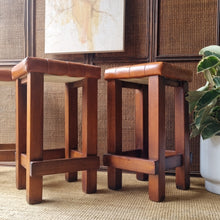 Load image into Gallery viewer, SET OF 3 VINTAGE CHUNKY PINE & VINYL KITCHEN COUNTER STOOLS