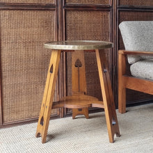 Load image into Gallery viewer, VINTAGE ARTS & CRAFTS OCCASSIONAL TABLE, WITH OAK BASE AND BRASS TOP