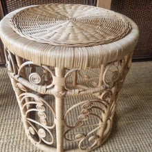 Load image into Gallery viewer, PAIR OF VINTAGE RATTAN PEACOCK SCROLL SIDE TABLES / PLANT STANDS