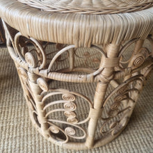Load image into Gallery viewer, PAIR OF VINTAGE RATTAN PEACOCK SCROLL SIDE TABLES / PLANT STANDS