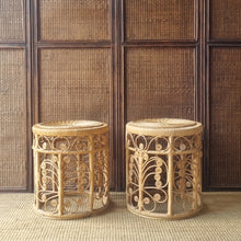 Load image into Gallery viewer, PAIR OF VINTAGE RATTAN PEACOCK SCROLL SIDE TABLES / PLANT STANDS