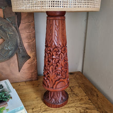 Load image into Gallery viewer, VINTAGE LAMP WITH HAND CARVED TEAK BASE AND WOVEN RATTAN SHADE
