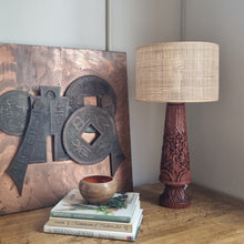 Load image into Gallery viewer, VINTAGE LAMP WITH HAND CARVED TEAK BASE AND WOVEN RATTAN SHADE