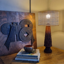 Load image into Gallery viewer, VINTAGE LAMP WITH HAND CARVED TEAK BASE AND WOVEN RATTAN SHADE