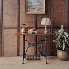 Load image into Gallery viewer, RESTORED VINTAGE SINGLE TREADLE CONSOLE TABLE / SOLID RECLAIMED TASMANIAN OAK TOP