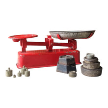 Load image into Gallery viewer, VINTAGE RED ENAMEL GROCER'S SCALE WITH WEIGHTS