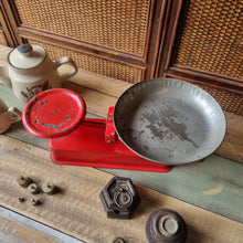 Load image into Gallery viewer, VINTAGE RED ENAMEL GROCER'S SCALE WITH WEIGHTS
