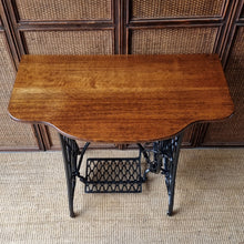 Load image into Gallery viewer, UPCYCLED VINTAGE SINGLE TREADLE CONSOLE TABLE / SOLID RECLAIMED HARDWOOD TOP