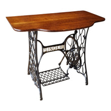 Load image into Gallery viewer, UPCYCLED VINTAGE SINGLE TREADLE CONSOLE TABLE / SOLID RECLAIMED HARDWOOD TOP