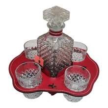 Load image into Gallery viewer, 5 PIECE VERMONT CUT GLASS DECANTER WHISKEY SET WITH LEATHER HOLDER