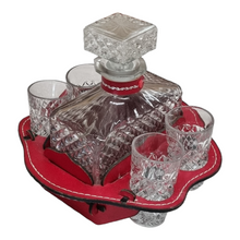 Load image into Gallery viewer, 5 PIECE VERMONT CUT GLASS DECANTER SHERRY SET WITH LEATHER HOLDER
