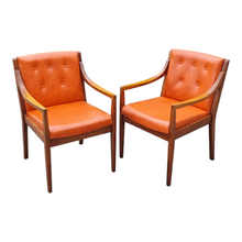 Load image into Gallery viewer, 2 VINTAGE BLACKWOOD AND AMBER VINYL ARMCHAIRS BY BENDIX. PRICE IS EACH.