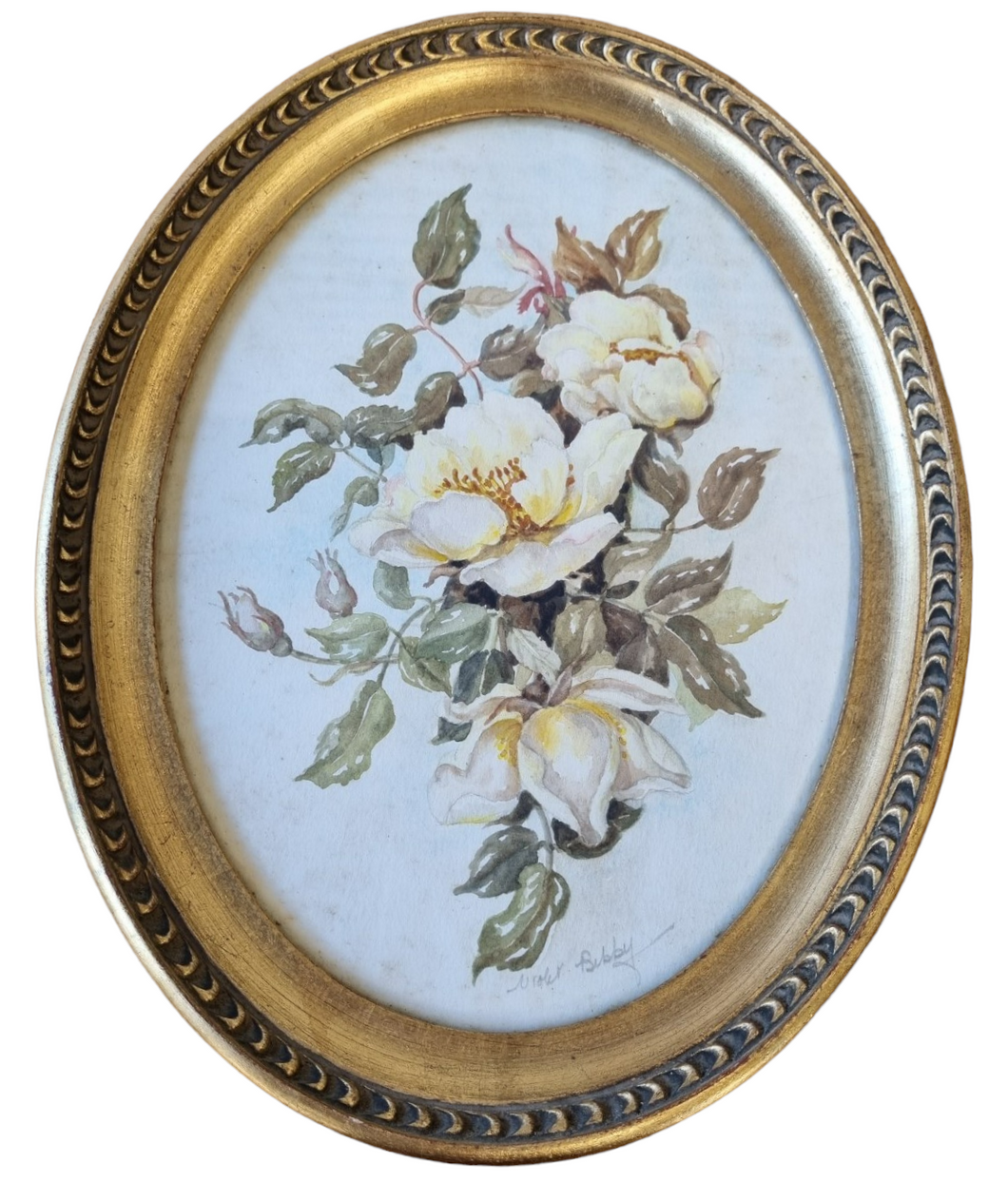 Vintage Violet Bibby watercolour floral painting oval frame