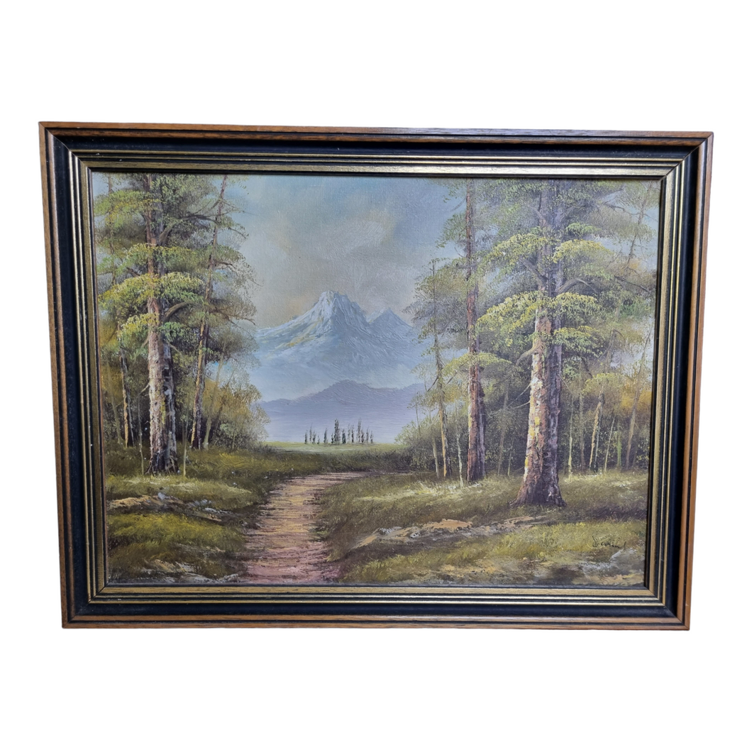 Vintage landscape oil painting, Snowy Mountains by Antonio, signed