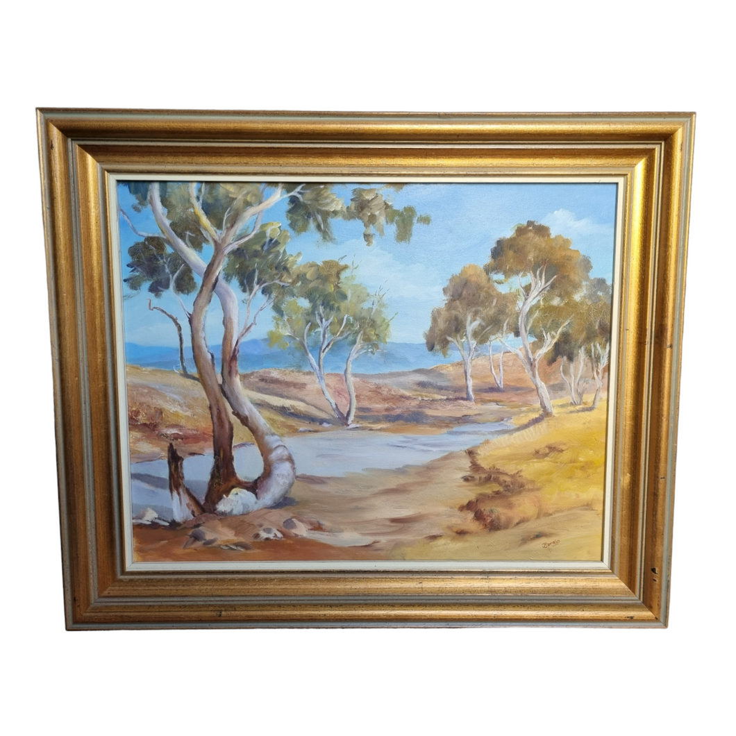 Vintage oil painting of Outback Creek by J. Guerin, signed
