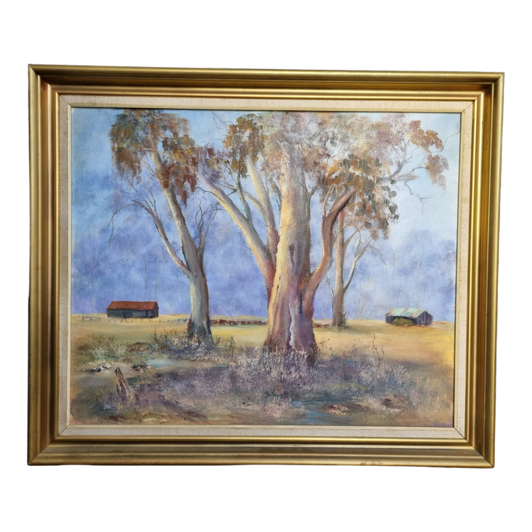 Vintage Australian landscape oil painting 'Majestic Gum Tree' J. Guerin, signed