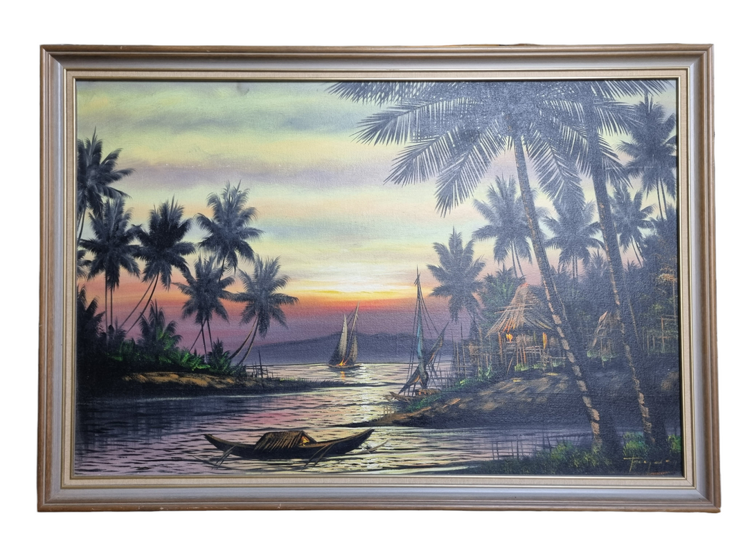 Vintage South Pacific Tiki Tropical Sunset Embellished Print signed framed
