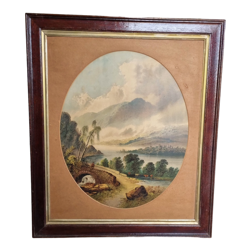 Antique Victorian print on cardboard with oval frame bridge mountains