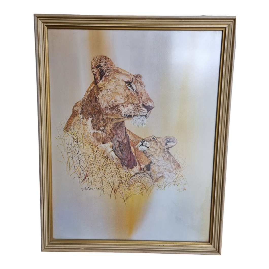Vintage 1976 Phil Prentice Lioness and Cub Print Large, signed
