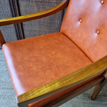 Load image into Gallery viewer, 2 VINTAGE BLACKWOOD AND AMBER VINYL ARMCHAIRS BY BENDIX. PRICE IS EACH.
