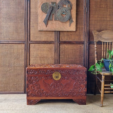 Load image into Gallery viewer, VINTAGE CARVED TEAK TRUNK BLANKET BOX CHEST
