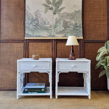 Load image into Gallery viewer, PAIR OF WHITE CANE &amp; RATTAN BEDSIDE TABLES

